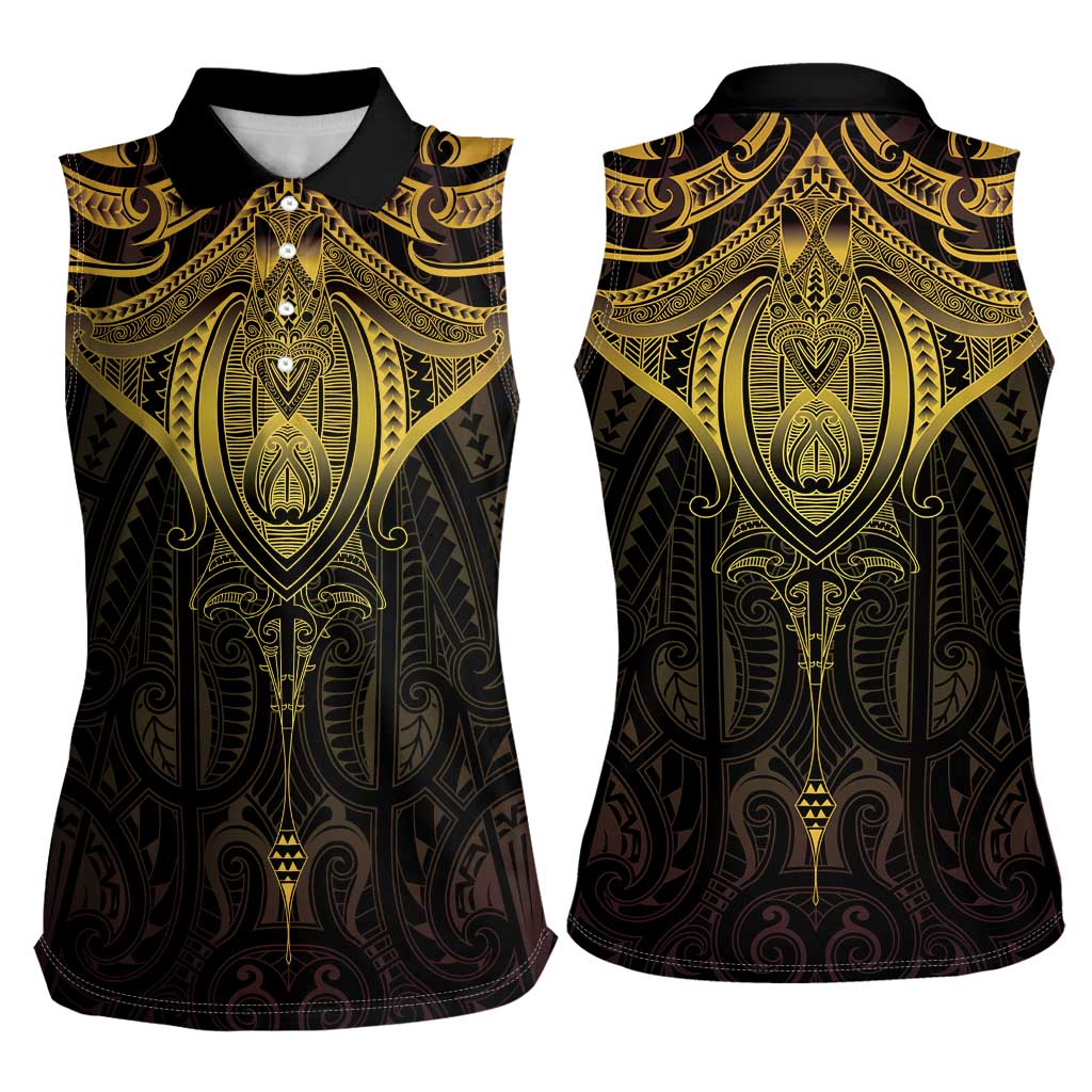 New Zealand Aotearoa Women Sleeveless Polo Shirt Maori Manta Ray Moko Gold - Polynesian Pride