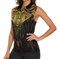 New Zealand Aotearoa Women Sleeveless Polo Shirt Maori Manta Ray Moko Gold - Polynesian Pride