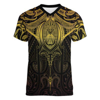 New Zealand Aotearoa Women V-Neck T-Shirt Maori Manta Ray Moko Gold LT05 Female Gold - Polynesian Pride