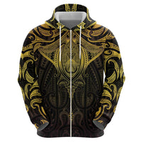 New Zealand Aotearoa Zip Hoodie Maori Manta Ray Moko Gold - Polynesian Pride