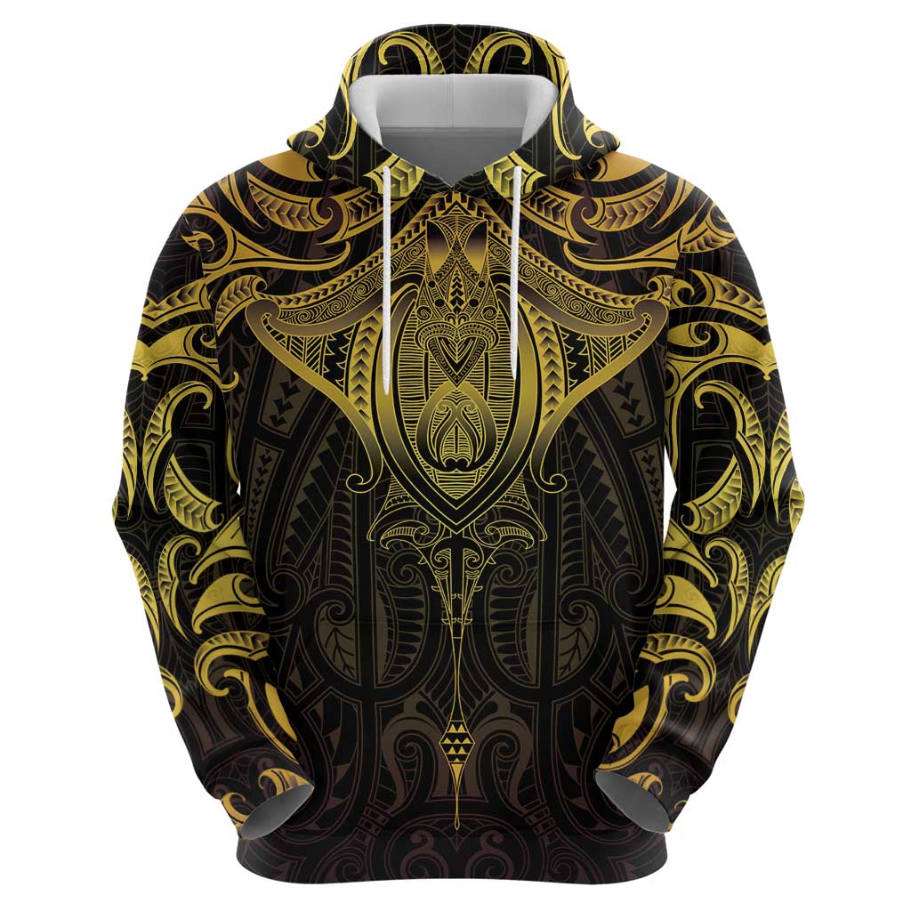 New Zealand Aotearoa Zip Hoodie Maori Manta Ray Moko Gold - Polynesian Pride