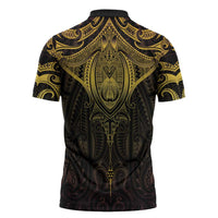New Zealand Aotearoa Zipper Polo Shirt Maori Manta Ray Moko Gold - Polynesian Pride