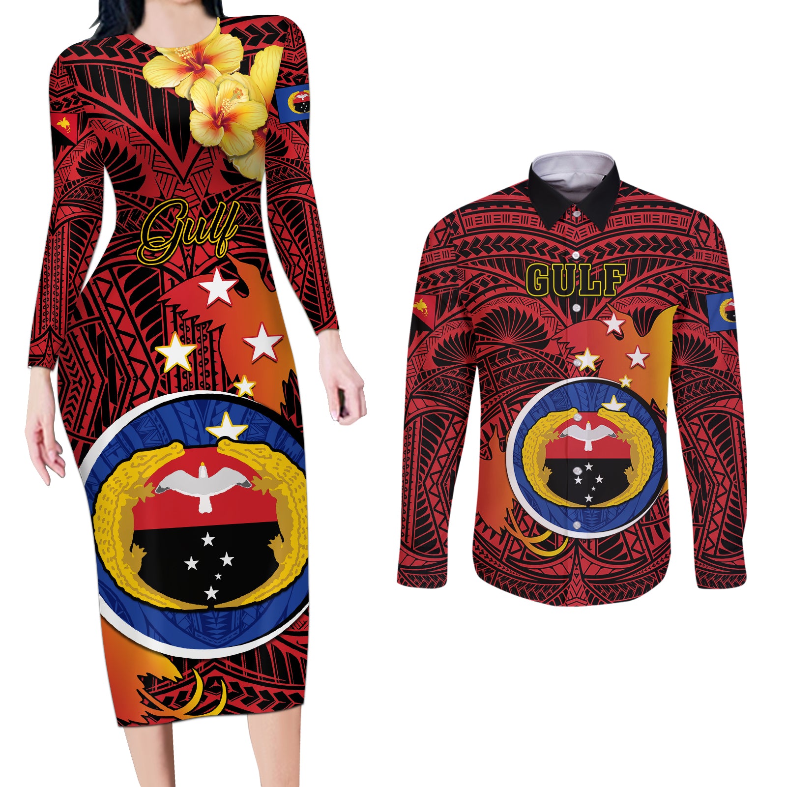 Papua New Guinea Gulf Province Couples Matching Long Sleeve Bodycon Dress and Long Sleeve Button Shirts Mix Coat Of Arms Polynesian Pattern LT05 Red - Polynesian Pride