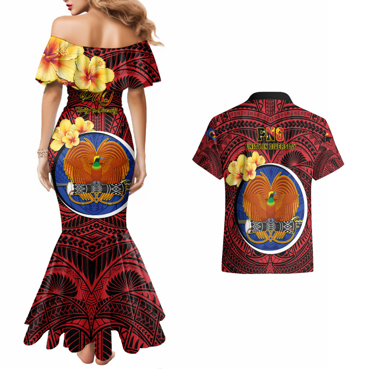 Papua New Guinea Gulf Province Couples Matching Mermaid Dress and Hawaiian Shirt Mix Coat Of Arms Polynesian Pattern LT05 - Polynesian Pride