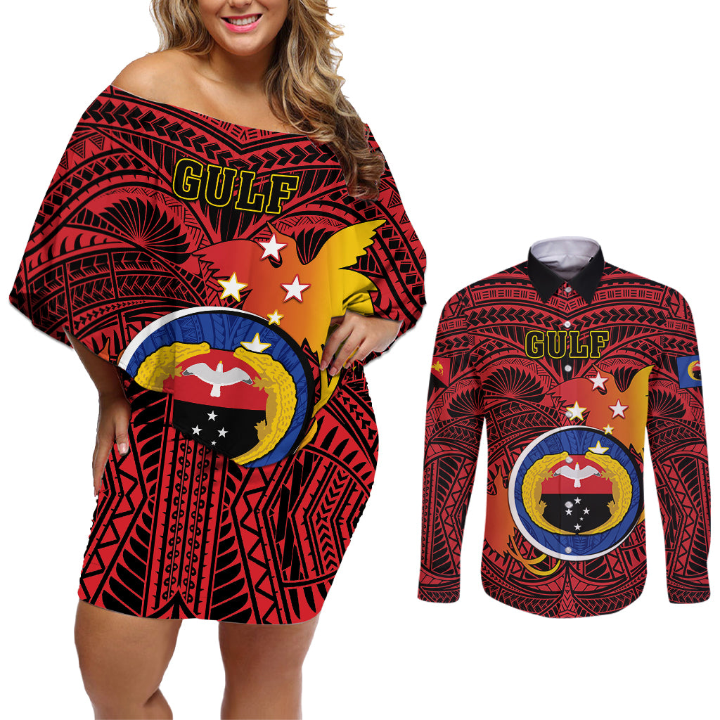 Papua New Guinea Gulf Province Couples Matching Off Shoulder Short Dress and Long Sleeve Button Shirts Mix Coat Of Arms Polynesian Pattern LT05 Red - Polynesian Pride