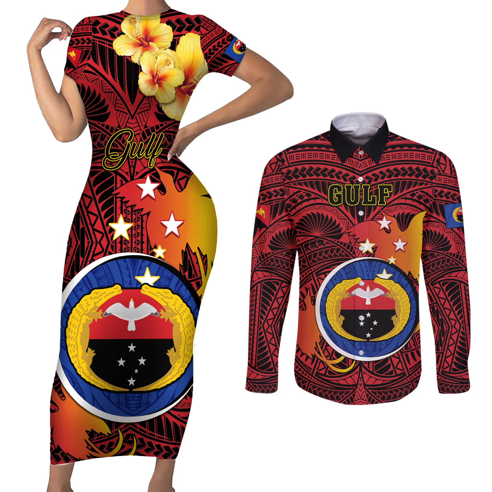 Papua New Guinea Gulf Province Couples Matching Short Sleeve Bodycon Dress and Long Sleeve Button Shirts Mix Coat Of Arms Polynesian Pattern LT05 Red - Polynesian Pride