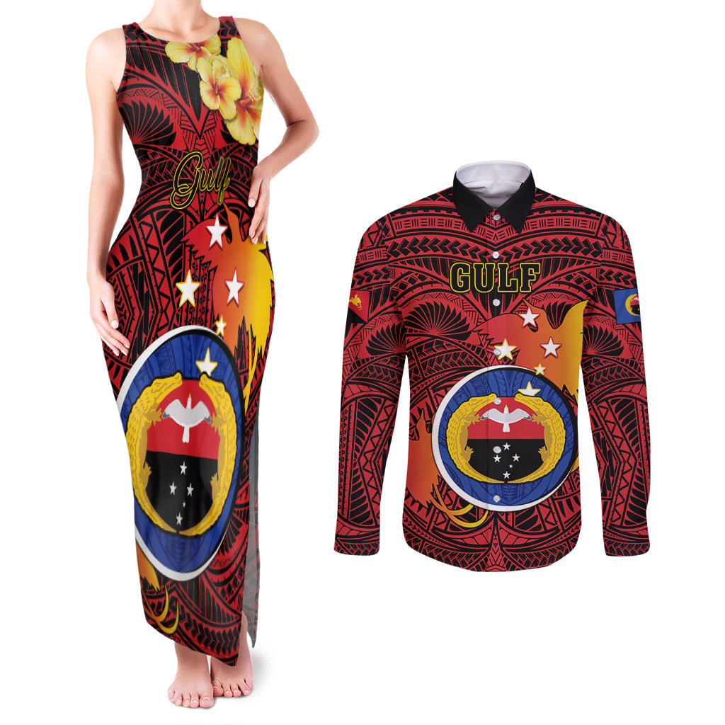 Papua New Guinea Gulf Province Couples Matching Tank Maxi Dress and Long Sleeve Button Shirts Mix Coat Of Arms Polynesian Pattern LT05 Red - Polynesian Pride