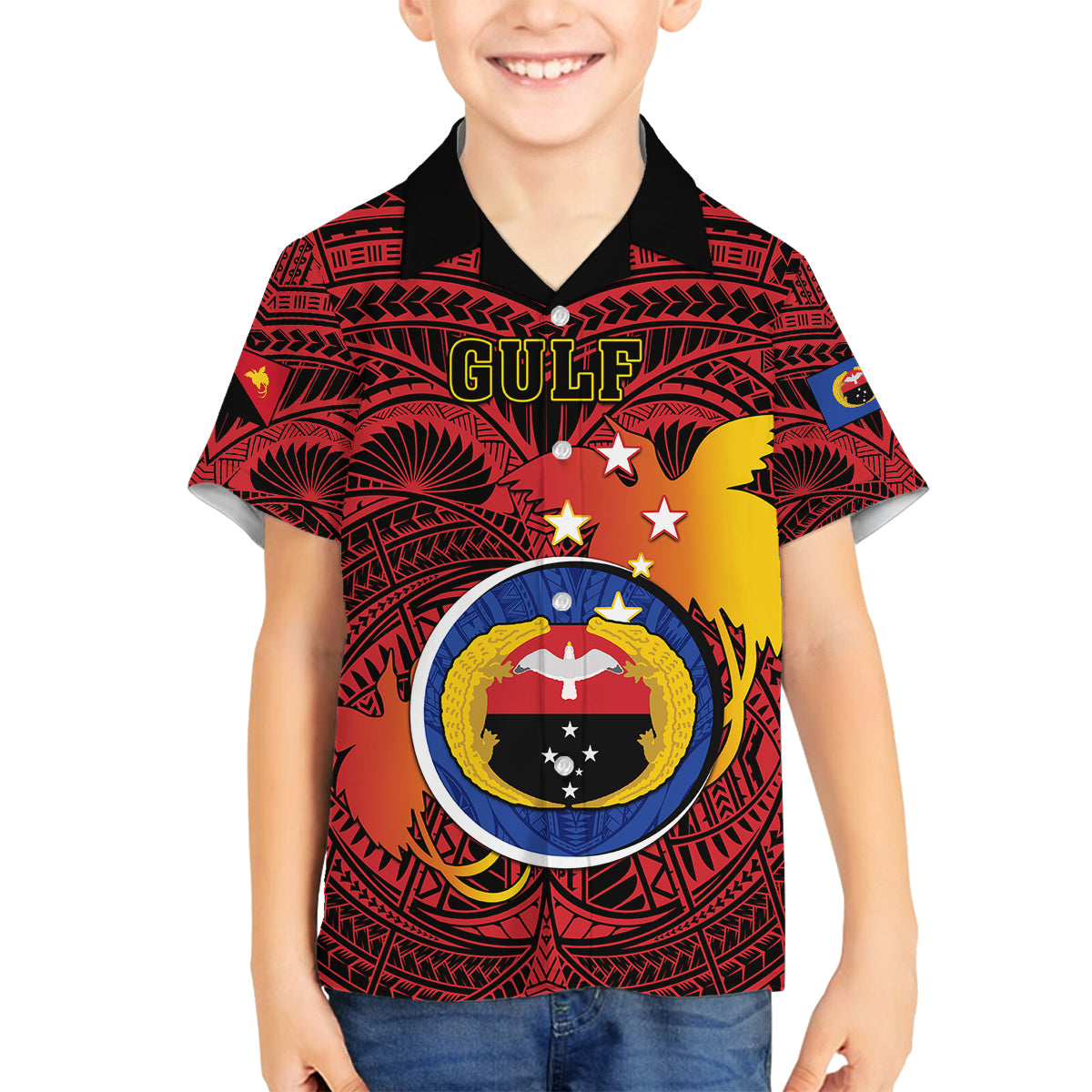 Papua New Guinea Gulf Province Family Matching Short Sleeve Bodycon Dress and Hawaiian Shirt Mix Coat Of Arms Polynesian Pattern LT05 Son's Shirt Red - Polynesian Pride