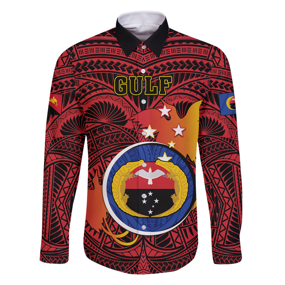 Papua New Guinea Gulf Province Family Matching Tank Maxi Dress and Hawaiian Shirt Mix Coat Of Arms Polynesian Pattern LT05 Dad's Shirt - Long Sleeve Red - Polynesian Pride