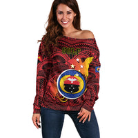 Papua New Guinea Gulf Province Off Shoulder Sweater Mix Coat Of Arms Polynesian Pattern LT05 Women Red - Polynesian Pride