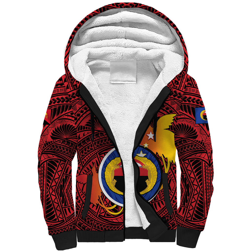 Papua New Guinea Gulf Province Sherpa Hoodie Mix Coat Of Arms Polynesian Pattern LT05 Unisex Red - Polynesian Pride