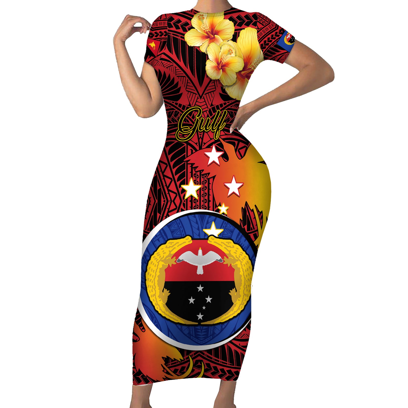 Papua New Guinea Gulf Province Short Sleeve Bodycon Dress Mix Coat Of Arms Polynesian Pattern LT05 Long Dress Red - Polynesian Pride