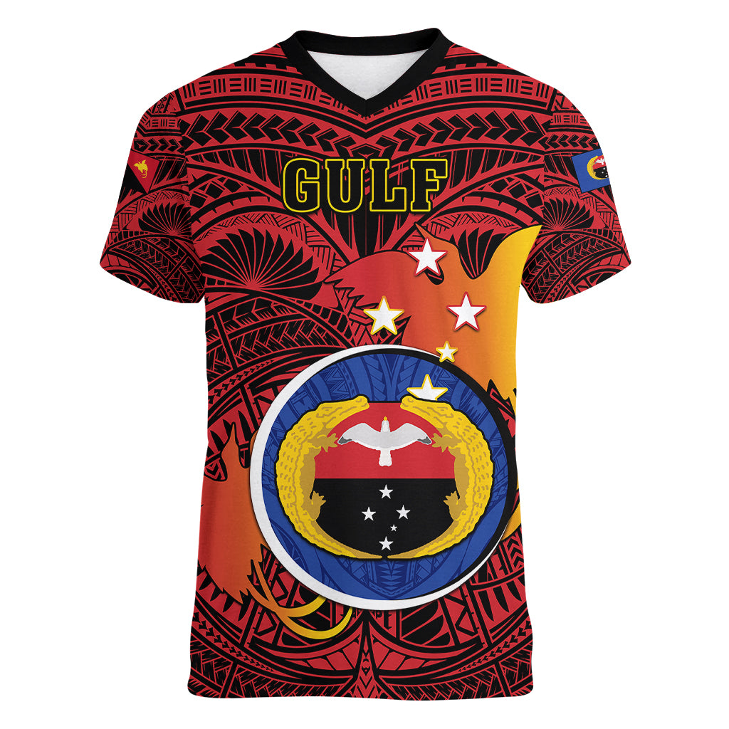 Papua New Guinea Gulf Province Women V Neck T Shirt Mix Coat Of Arms Polynesian Pattern LT05 Female Red - Polynesian Pride