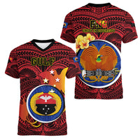 Papua New Guinea Gulf Province Women V Neck T Shirt Mix Coat Of Arms Polynesian Pattern LT05 - Polynesian Pride
