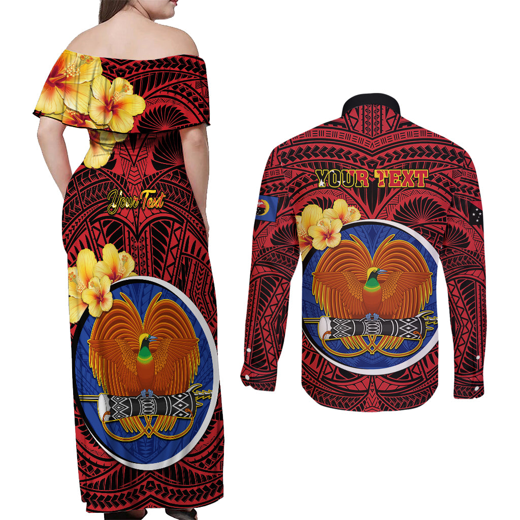Personalized Papua New Guinea Gulf Province Couples Matching Off Shoulder Maxi Dress and Long Sleeve Button Shirts Mix Coat Of Arms Polynesian Pattern LT05 - Polynesian Pride