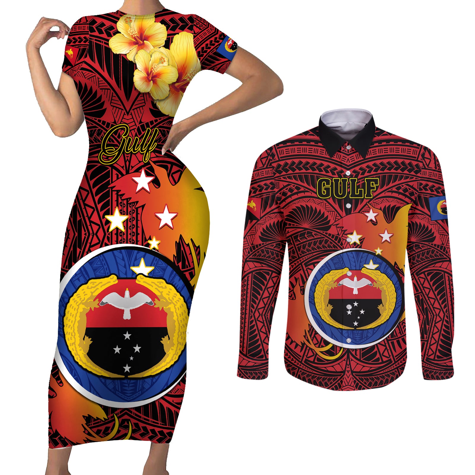 Personalized Papua New Guinea Gulf Province Couples Matching Short Sleeve Bodycon Dress and Long Sleeve Button Shirts Mix Coat Of Arms Polynesian Pattern LT05 Red - Polynesian Pride