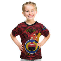 Personalized Papua New Guinea Gulf Province Kid T Shirt Mix Coat Of Arms Polynesian Pattern LT05 Red - Polynesian Pride