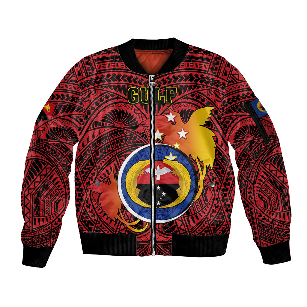 Personalized Papua New Guinea Gulf Province Sleeve Zip Bomber Jacket Mix Coat Of Arms Polynesian Pattern LT05 Unisex Red - Polynesian Pride