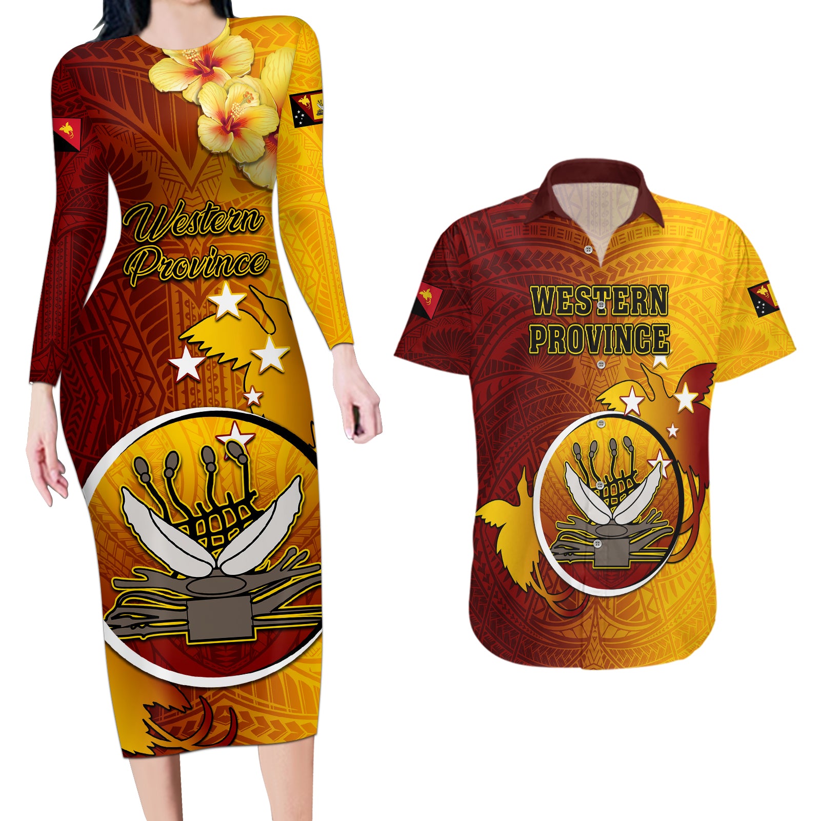 Papua New Guinea Western Province Couples Matching Long Sleeve Bodycon Dress and Hawaiian Shirt Mix Coat Of Arms Polynesian Pattern LT05 Red - Polynesian Pride