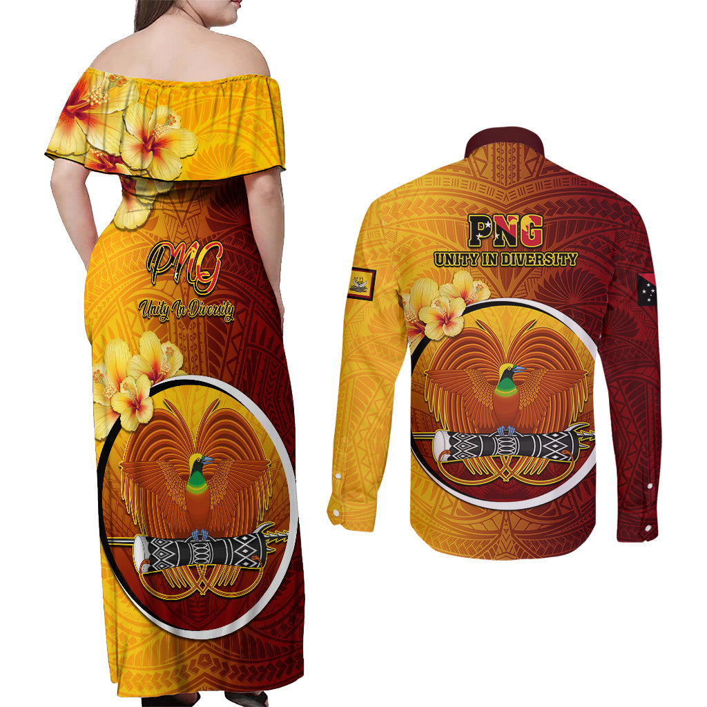 Papua New Guinea Western Province Couples Matching Off Shoulder Maxi Dress and Long Sleeve Button Shirts Mix Coat Of Arms Polynesian Pattern LT05 - Polynesian Pride