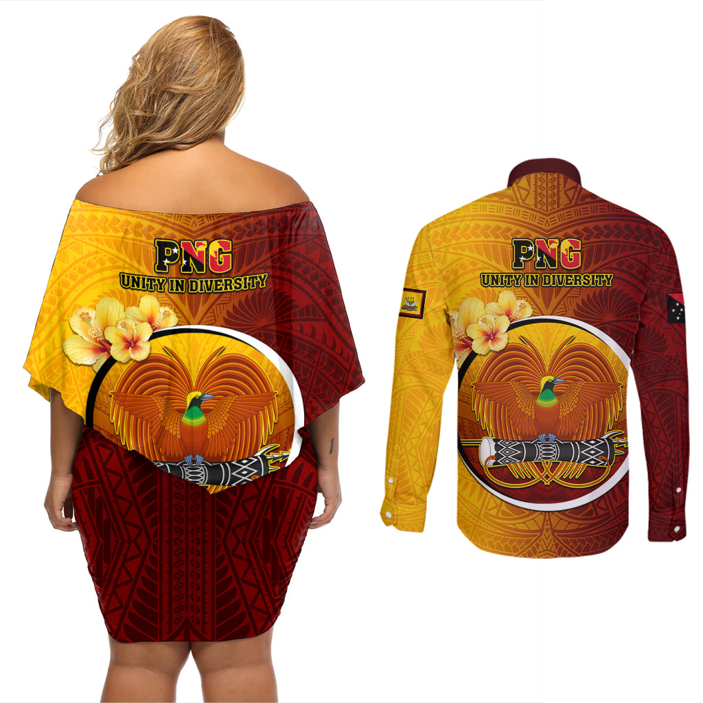 Papua New Guinea Western Province Couples Matching Off Shoulder Short Dress and Long Sleeve Button Shirts Mix Coat Of Arms Polynesian Pattern LT05 - Polynesian Pride
