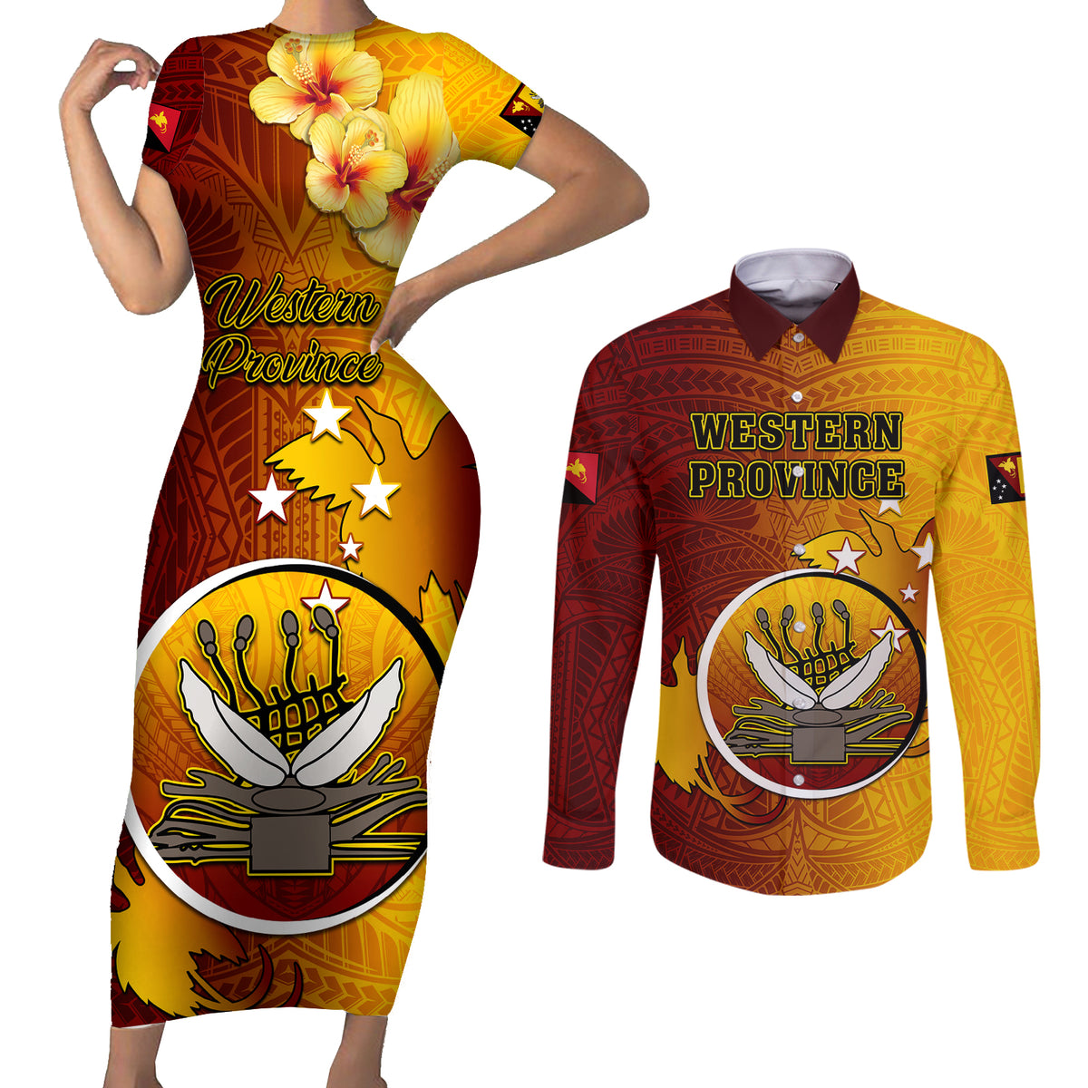 Papua New Guinea Western Province Couples Matching Short Sleeve Bodycon Dress and Long Sleeve Button Shirts Mix Coat Of Arms Polynesian Pattern LT05 Red - Polynesian Pride