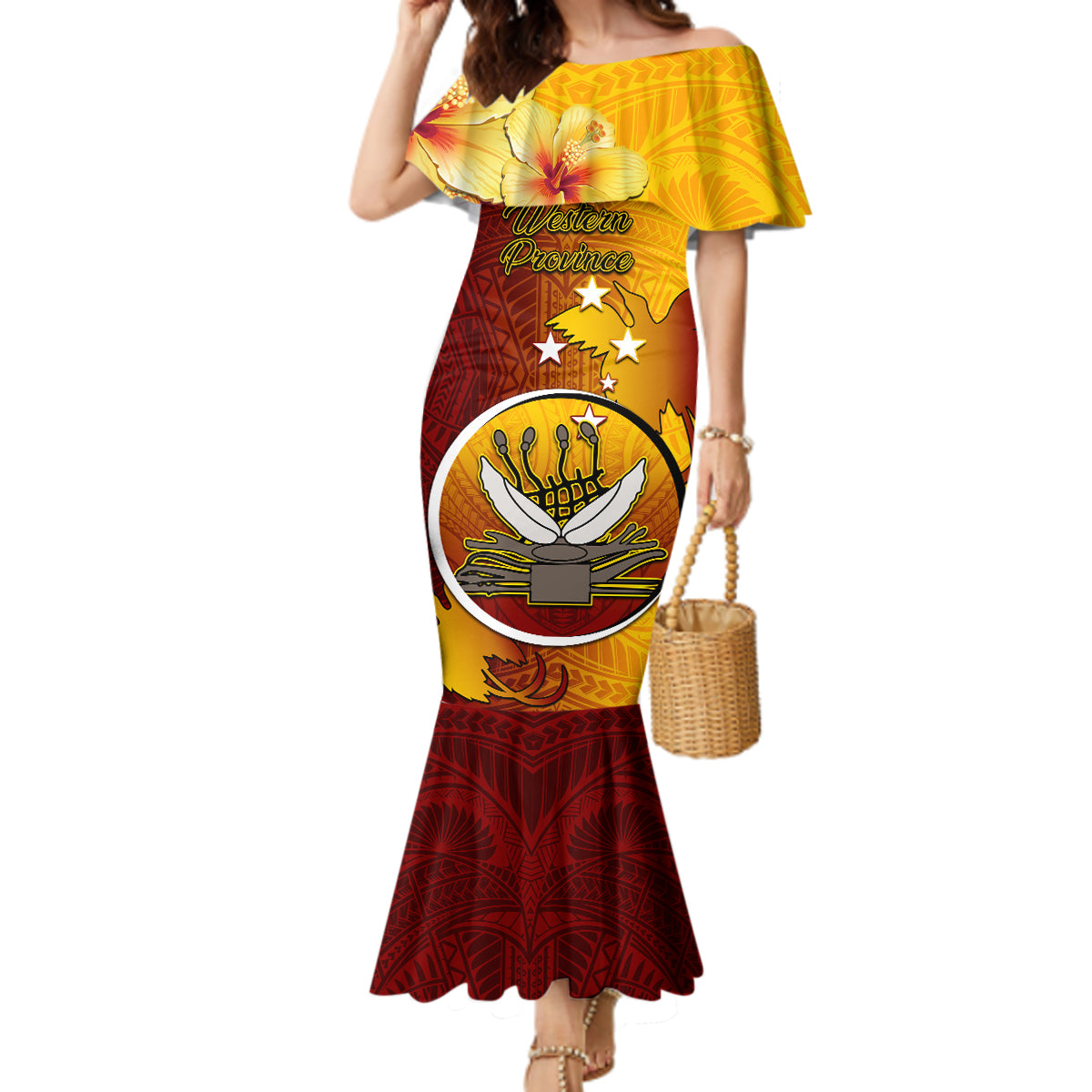 Papua New Guinea Western Province Mermaid Dress Mix Coat Of Arms Polynesian Pattern LT05 Women Red - Polynesian Pride