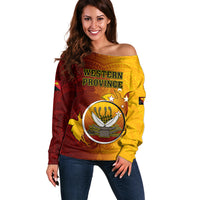 Papua New Guinea Western Province Off Shoulder Sweater Mix Coat Of Arms Polynesian Pattern LT05 Women Red - Polynesian Pride