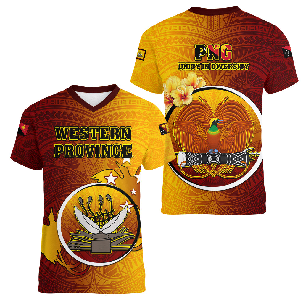 Papua New Guinea Western Province Women V Neck T Shirt Mix Coat Of Arms Polynesian Pattern LT05 - Polynesian Pride