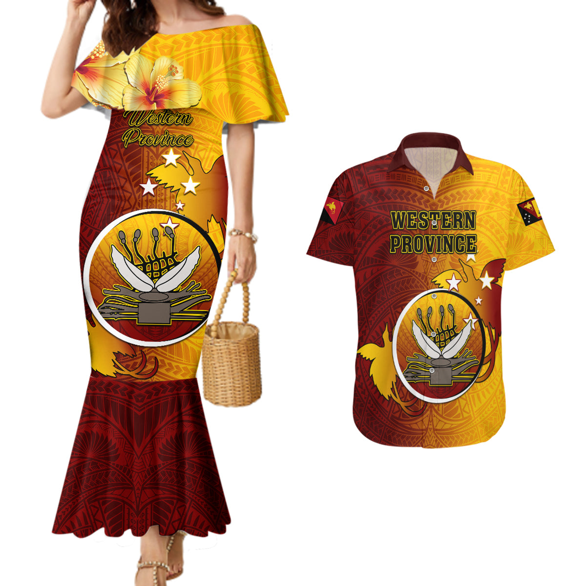 Personalized Papua New Guinea Western Province Couples Matching Mermaid Dress and Hawaiian Shirt Mix Coat Of Arms Polynesian Pattern LT05 Red - Polynesian Pride