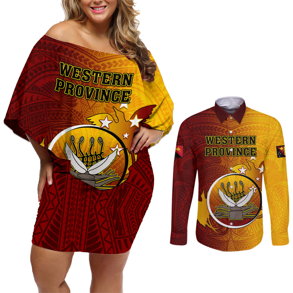 Personalized Papua New Guinea Western Province Couples Matching Off Shoulder Short Dress and Long Sleeve Button Shirts Mix Coat Of Arms Polynesian Pattern LT05 Red - Polynesian Pride