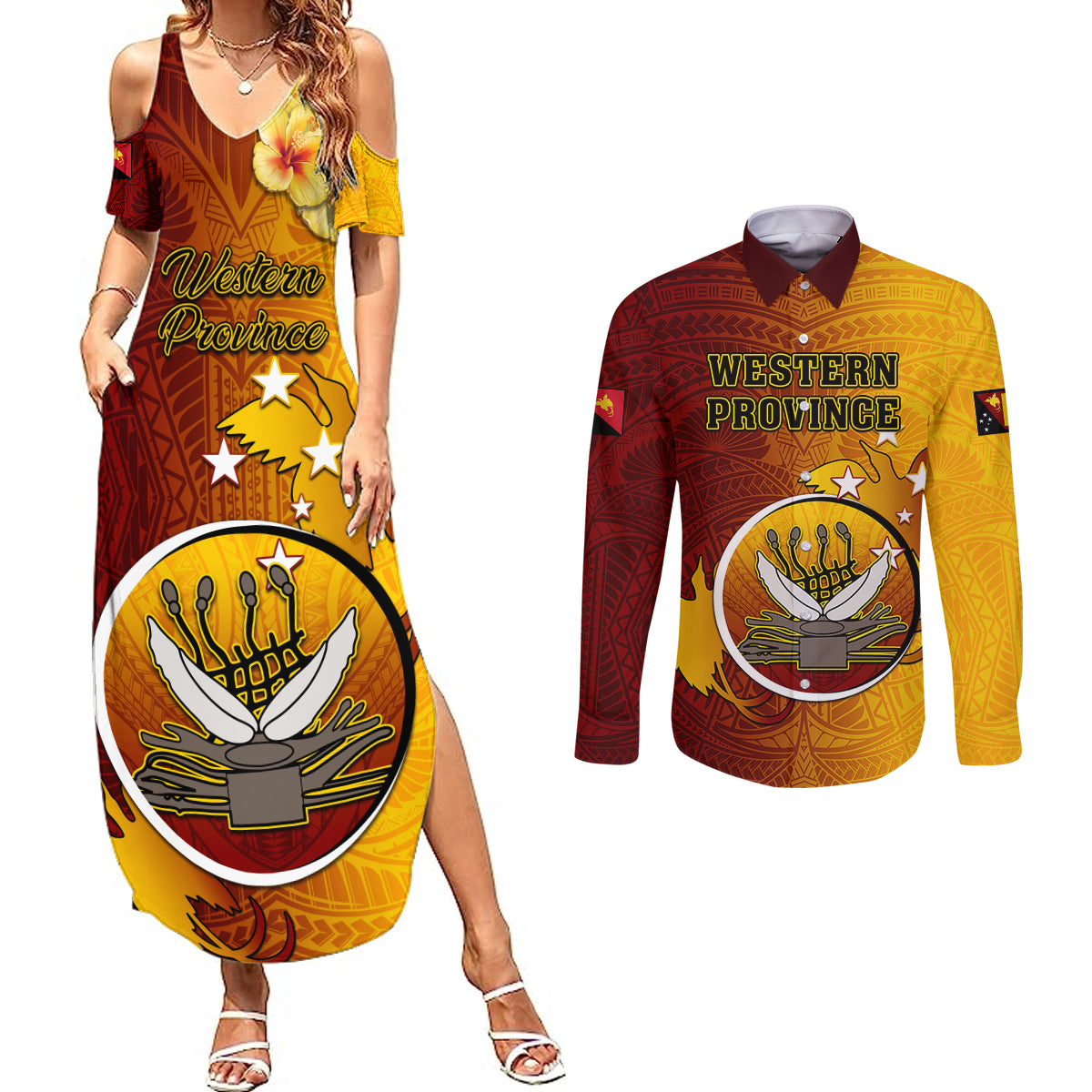 Personalized Papua New Guinea Western Province Couples Matching Summer Maxi Dress and Long Sleeve Button Shirts Mix Coat Of Arms Polynesian Pattern LT05 Red - Polynesian Pride