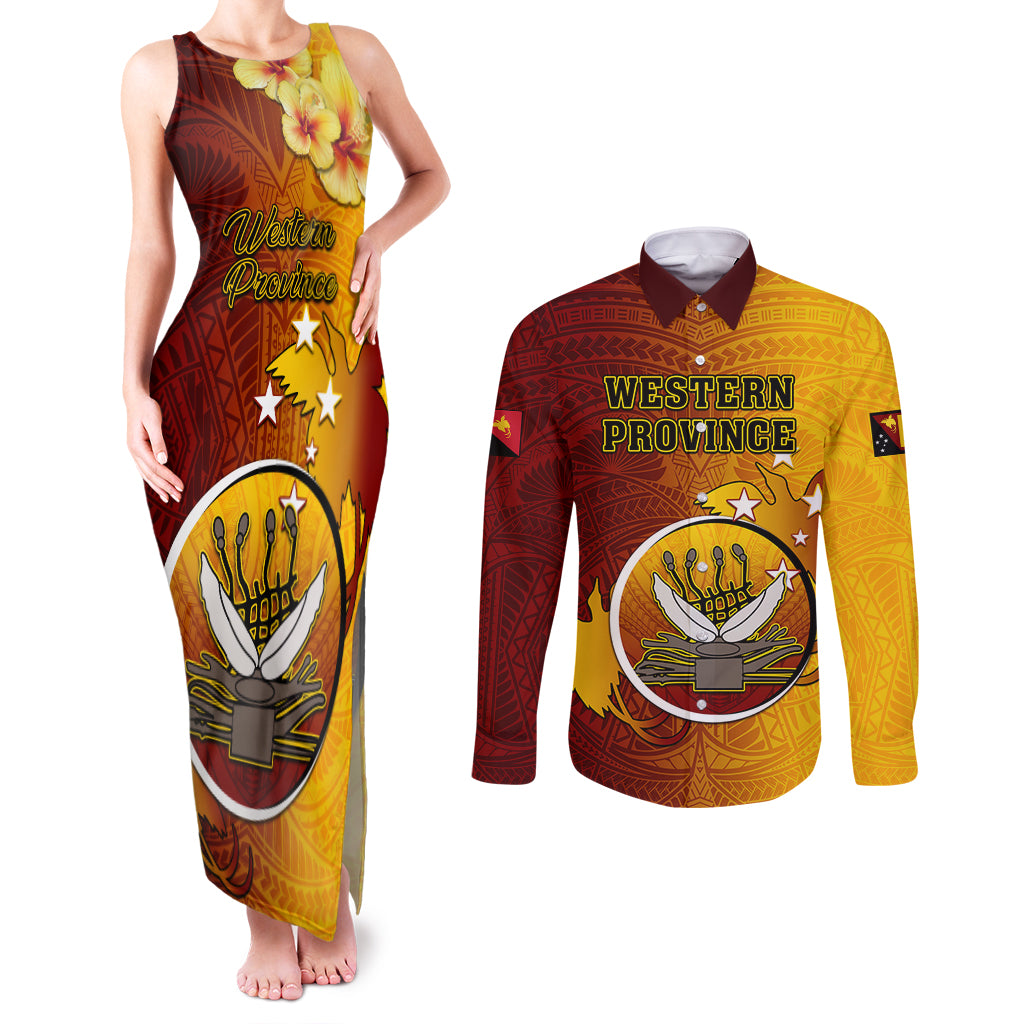 Personalized Papua New Guinea Western Province Couples Matching Tank Maxi Dress and Long Sleeve Button Shirts Mix Coat Of Arms Polynesian Pattern LT05 Red - Polynesian Pride