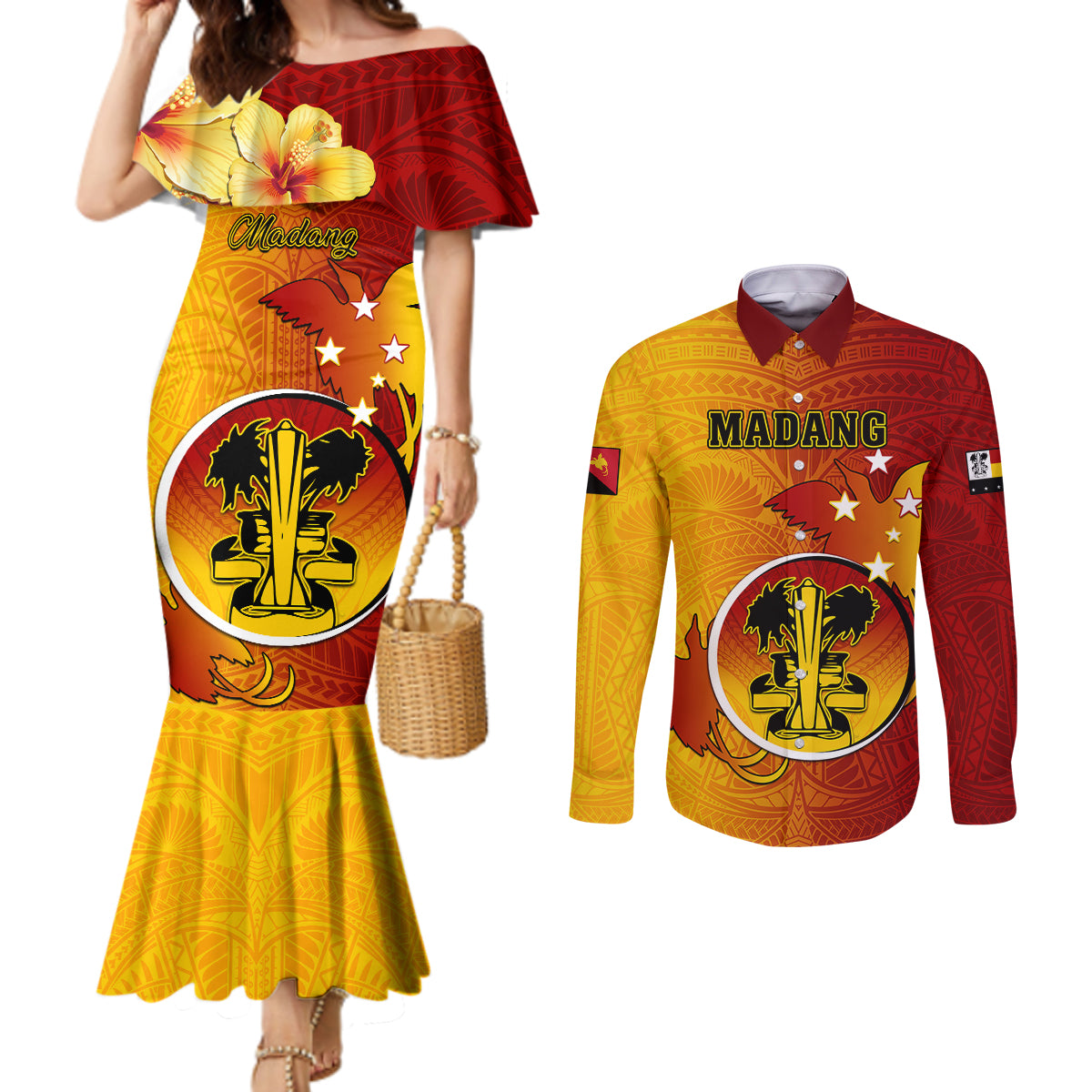 Papua New Guinea Madang Province Couples Matching Mermaid Dress and Long Sleeve Button Shirts Mix Coat Of Arms Polynesian Pattern LT05 Yellow - Polynesian Pride