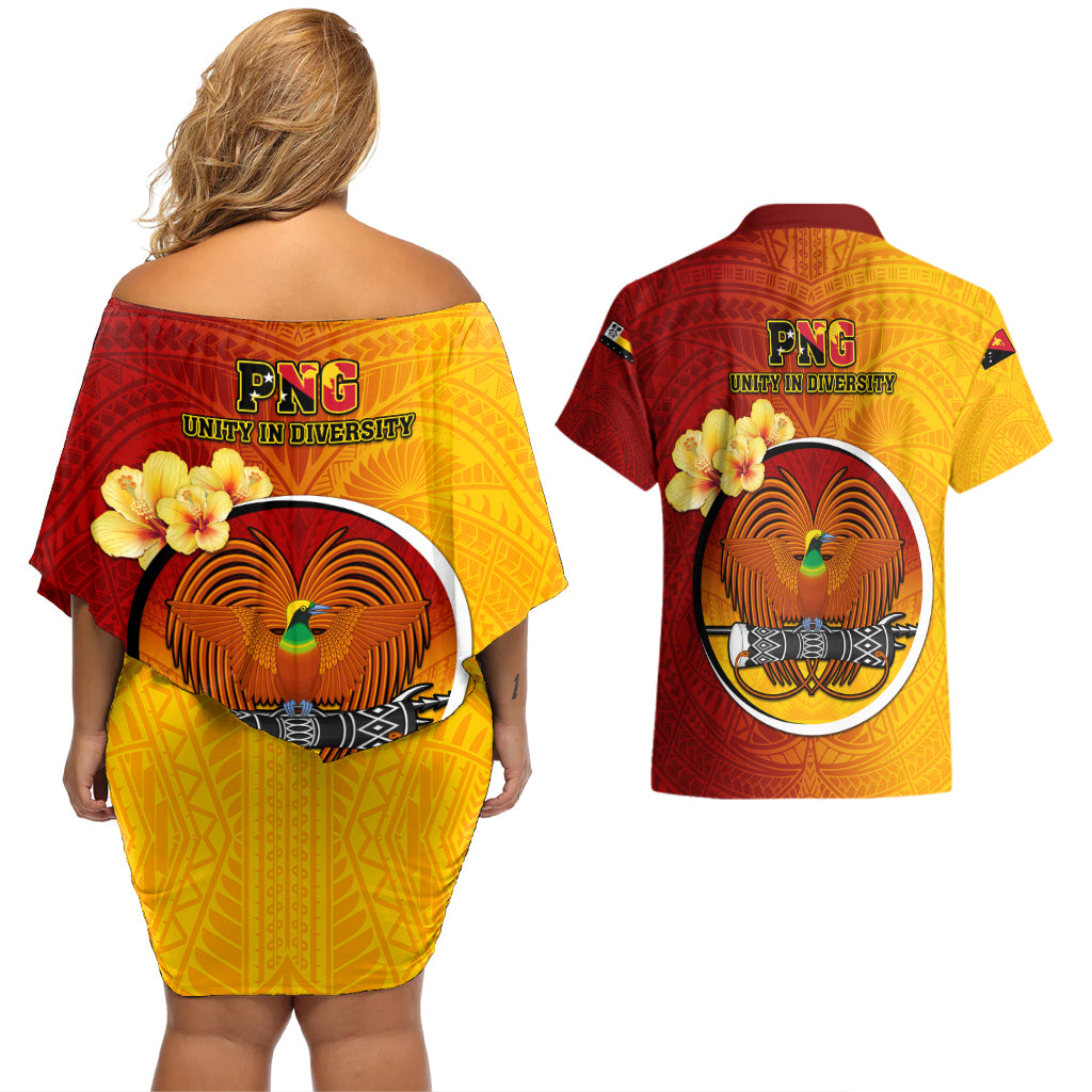 Papua New Guinea Madang Province Couples Matching Off Shoulder Short Dress and Hawaiian Shirt Mix Coat Of Arms Polynesian Pattern LT05 - Polynesian Pride