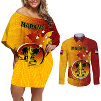 Papua New Guinea Madang Province Couples Matching Off Shoulder Short Dress and Long Sleeve Button Shirts Mix Coat Of Arms Polynesian Pattern LT05 Yellow - Polynesian Pride