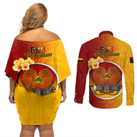 Papua New Guinea Madang Province Couples Matching Off Shoulder Short Dress and Long Sleeve Button Shirts Mix Coat Of Arms Polynesian Pattern LT05 - Polynesian Pride