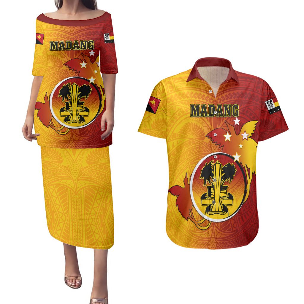 Papua New Guinea Madang Province Couples Matching Puletasi Dress and Hawaiian Shirt Mix Coat Of Arms Polynesian Pattern LT05 Yellow - Polynesian Pride