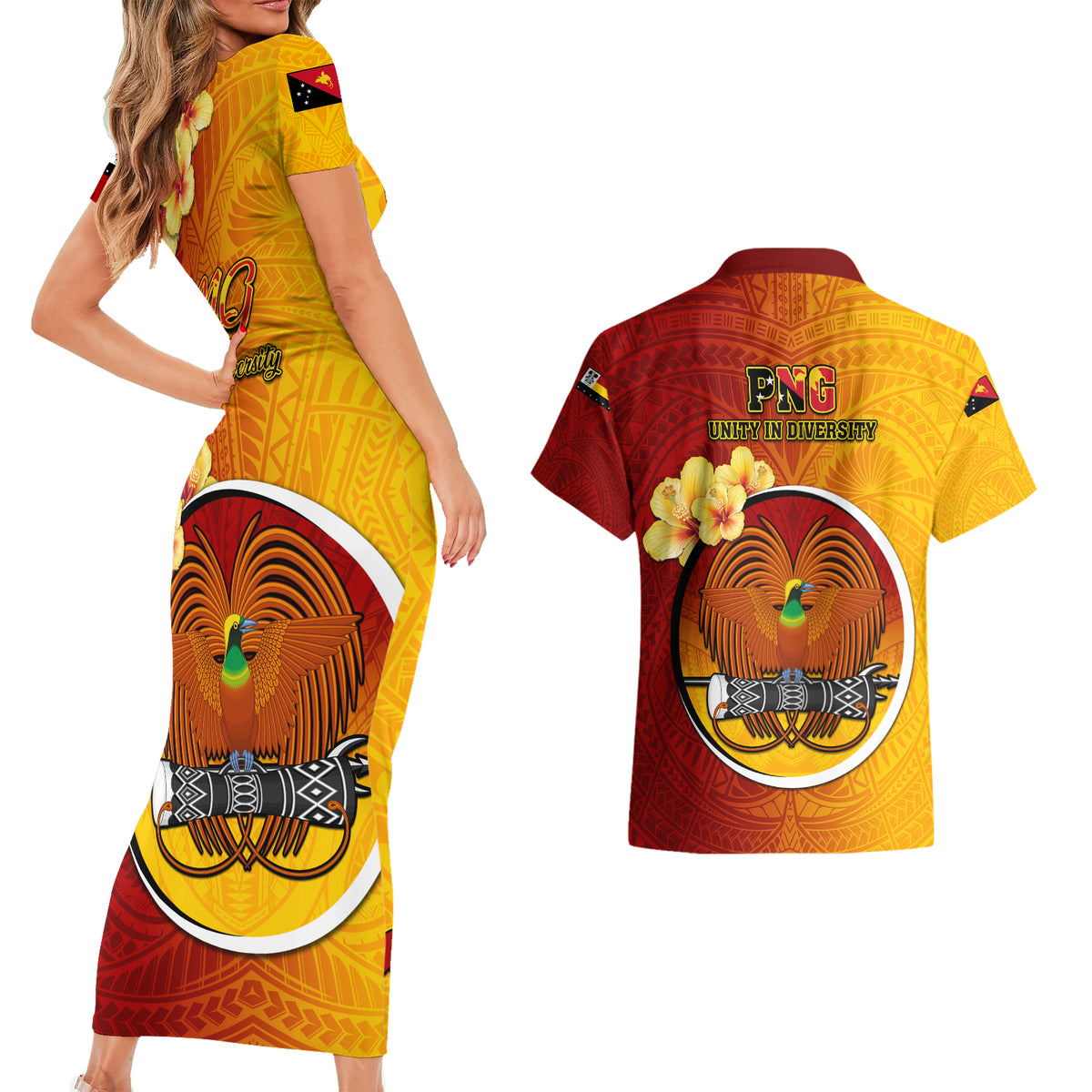 Papua New Guinea Madang Province Couples Matching Short Sleeve Bodycon Dress and Hawaiian Shirt Mix Coat Of Arms Polynesian Pattern LT05 - Polynesian Pride