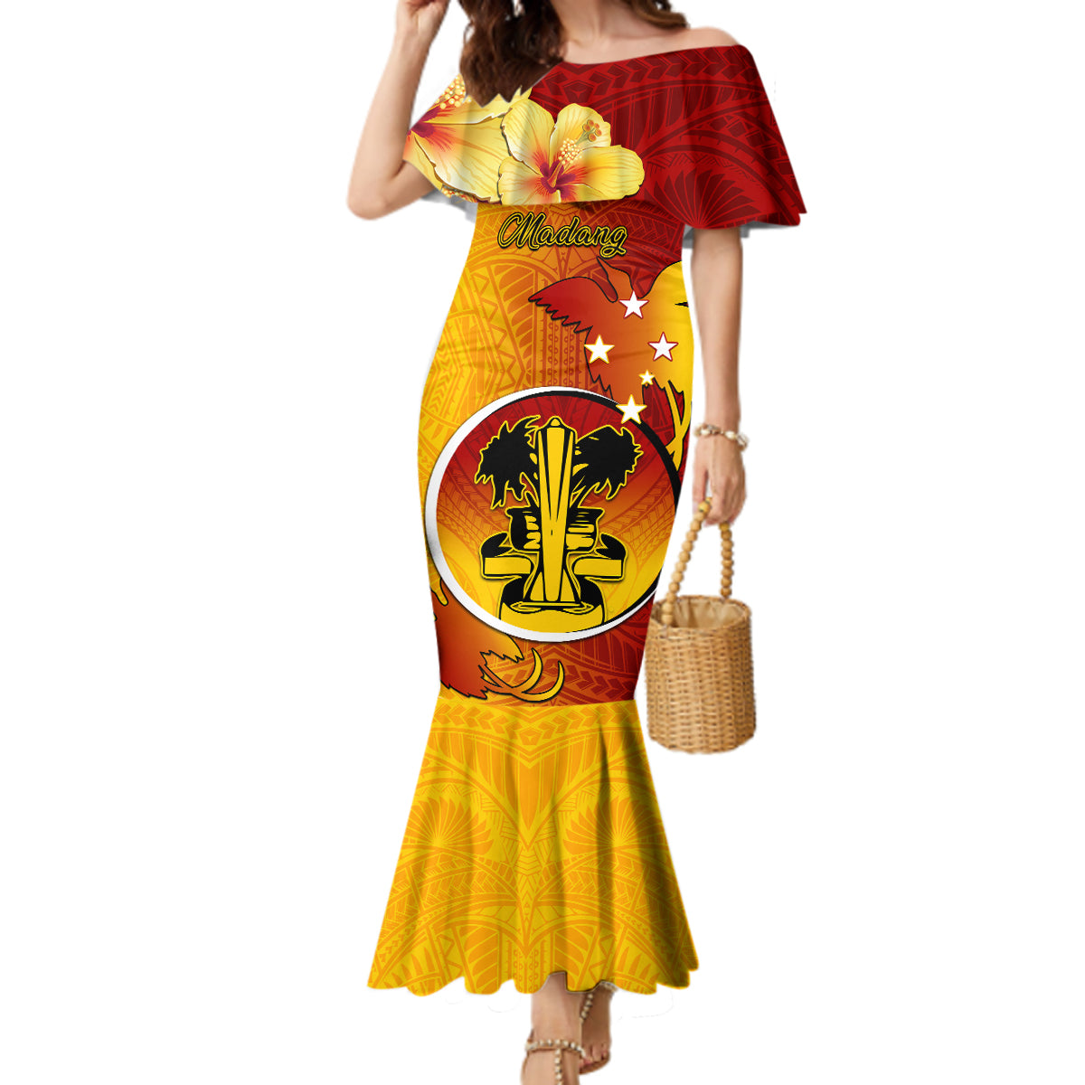 Papua New Guinea Madang Province Mermaid Dress Mix Coat Of Arms Polynesian Pattern LT05 Women Yellow - Polynesian Pride