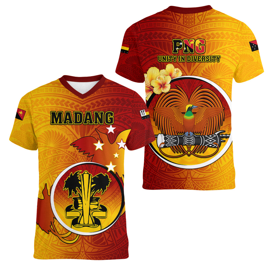 Papua New Guinea Madang Province Women V Neck T Shirt Mix Coat Of Arms Polynesian Pattern LT05 - Polynesian Pride