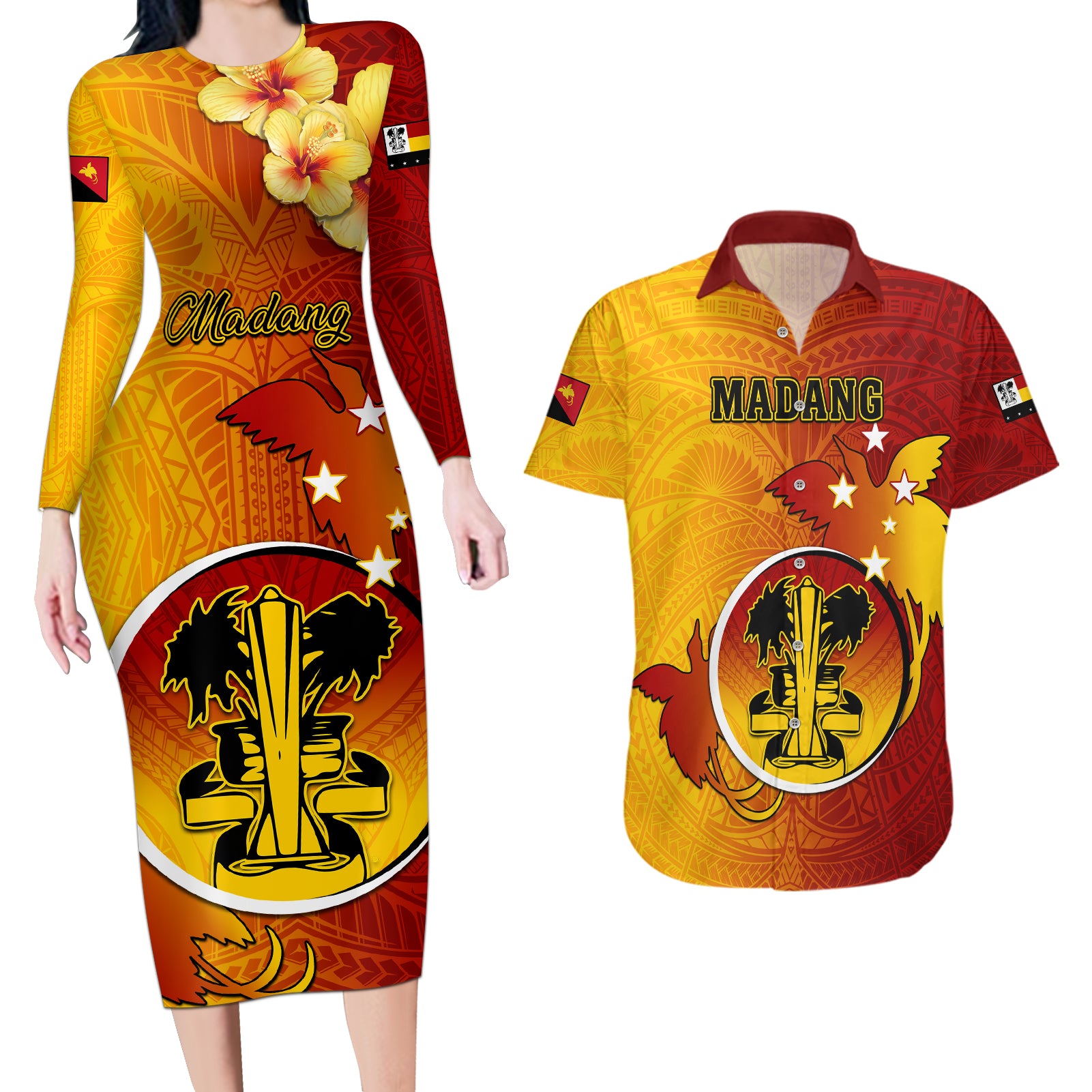 Personalized Papua New Guinea Madang Province Couples Matching Long Sleeve Bodycon Dress and Hawaiian Shirt Mix Coat Of Arms Polynesian Pattern LT05 Yellow - Polynesian Pride