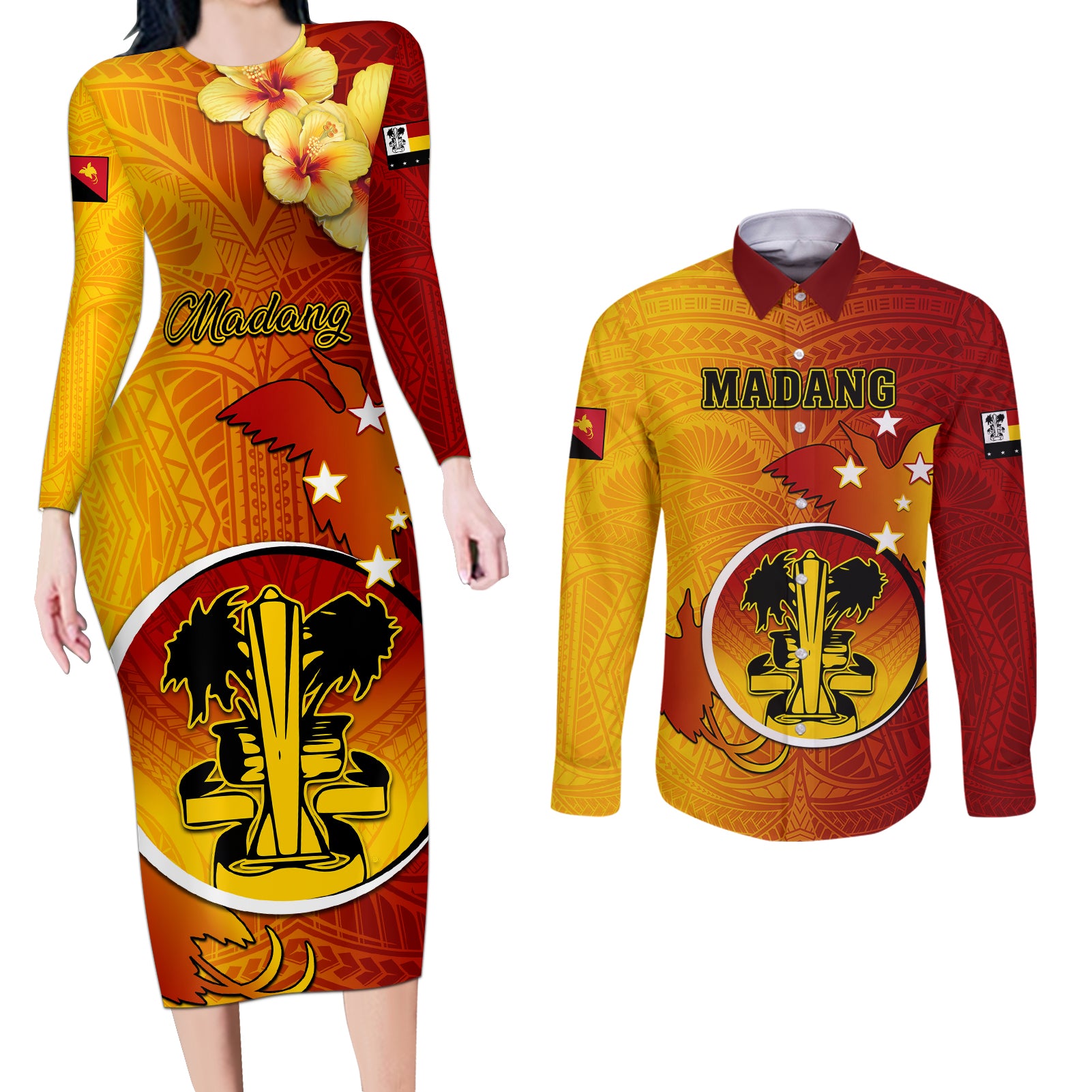 Personalized Papua New Guinea Madang Province Couples Matching Long Sleeve Bodycon Dress and Long Sleeve Button Shirts Mix Coat Of Arms Polynesian Pattern LT05 Yellow - Polynesian Pride