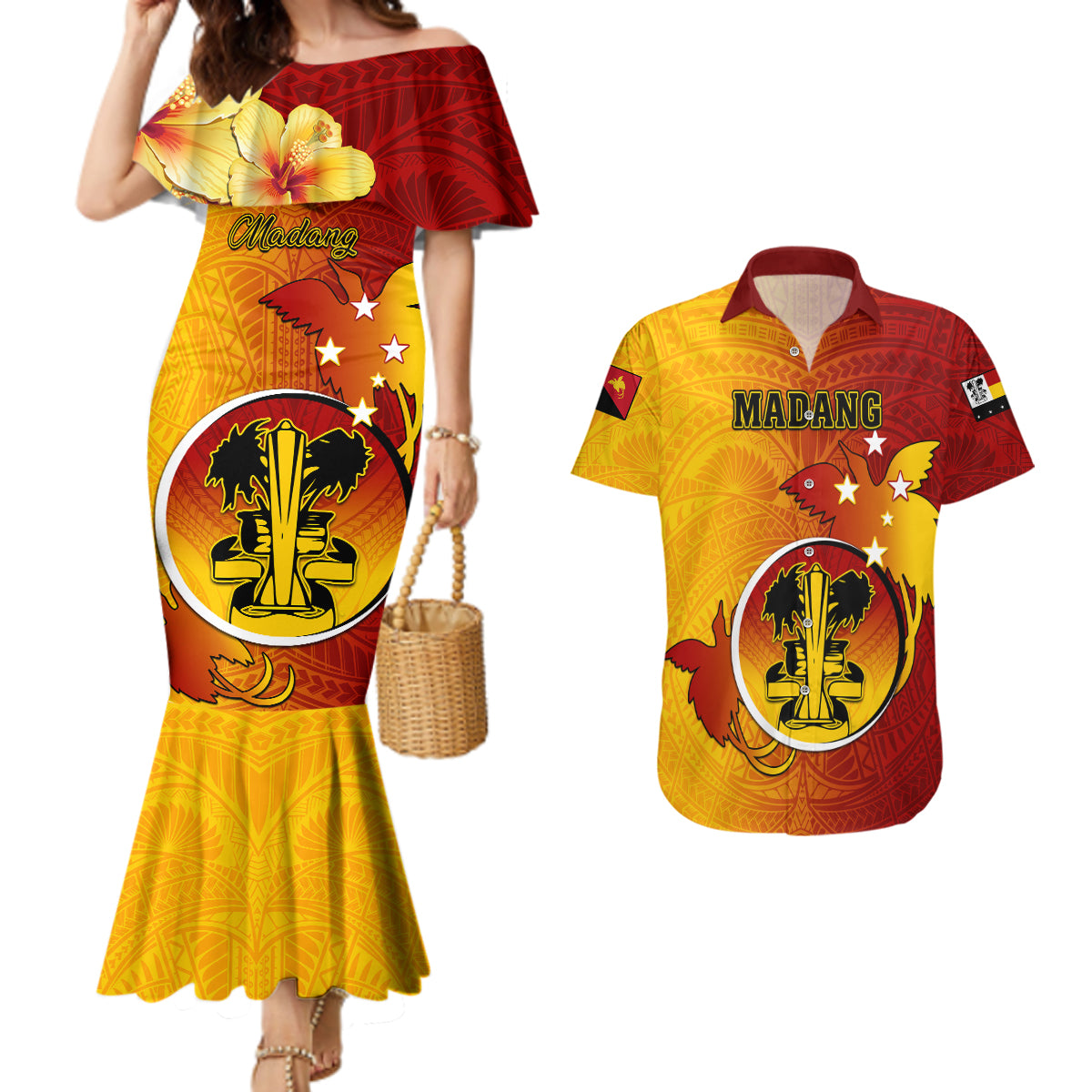 Personalized Papua New Guinea Madang Province Couples Matching Mermaid Dress and Hawaiian Shirt Mix Coat Of Arms Polynesian Pattern LT05 Yellow - Polynesian Pride