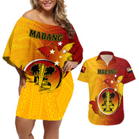 Personalized Papua New Guinea Madang Province Couples Matching Off Shoulder Short Dress and Hawaiian Shirt Mix Coat Of Arms Polynesian Pattern LT05 Yellow - Polynesian Pride