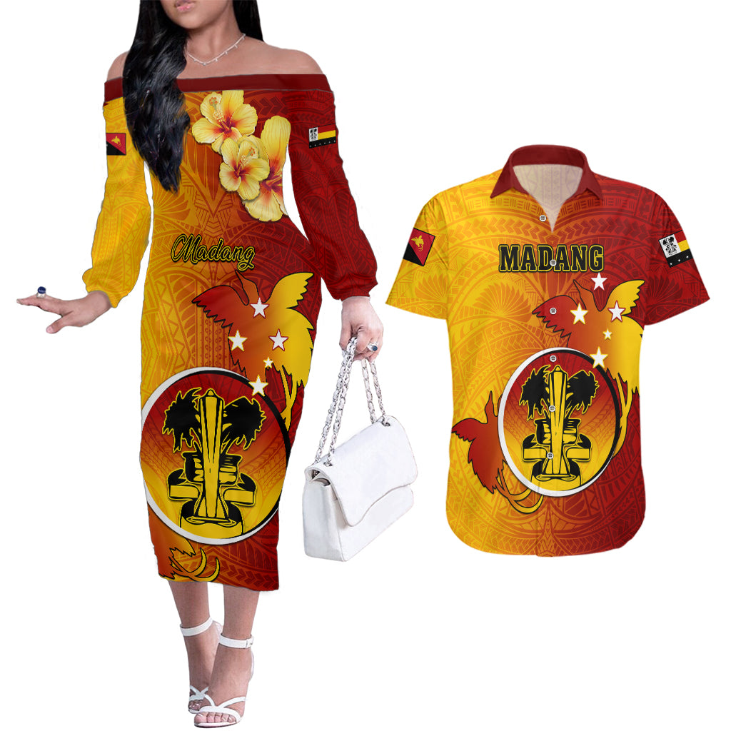 Personalized Papua New Guinea Madang Province Couples Matching Off The Shoulder Long Sleeve Dress and Hawaiian Shirt Mix Coat Of Arms Polynesian Pattern LT05 Yellow - Polynesian Pride