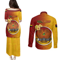 Personalized Papua New Guinea Madang Province Couples Matching Puletasi Dress and Long Sleeve Button Shirts Mix Coat Of Arms Polynesian Pattern LT05 - Polynesian Pride