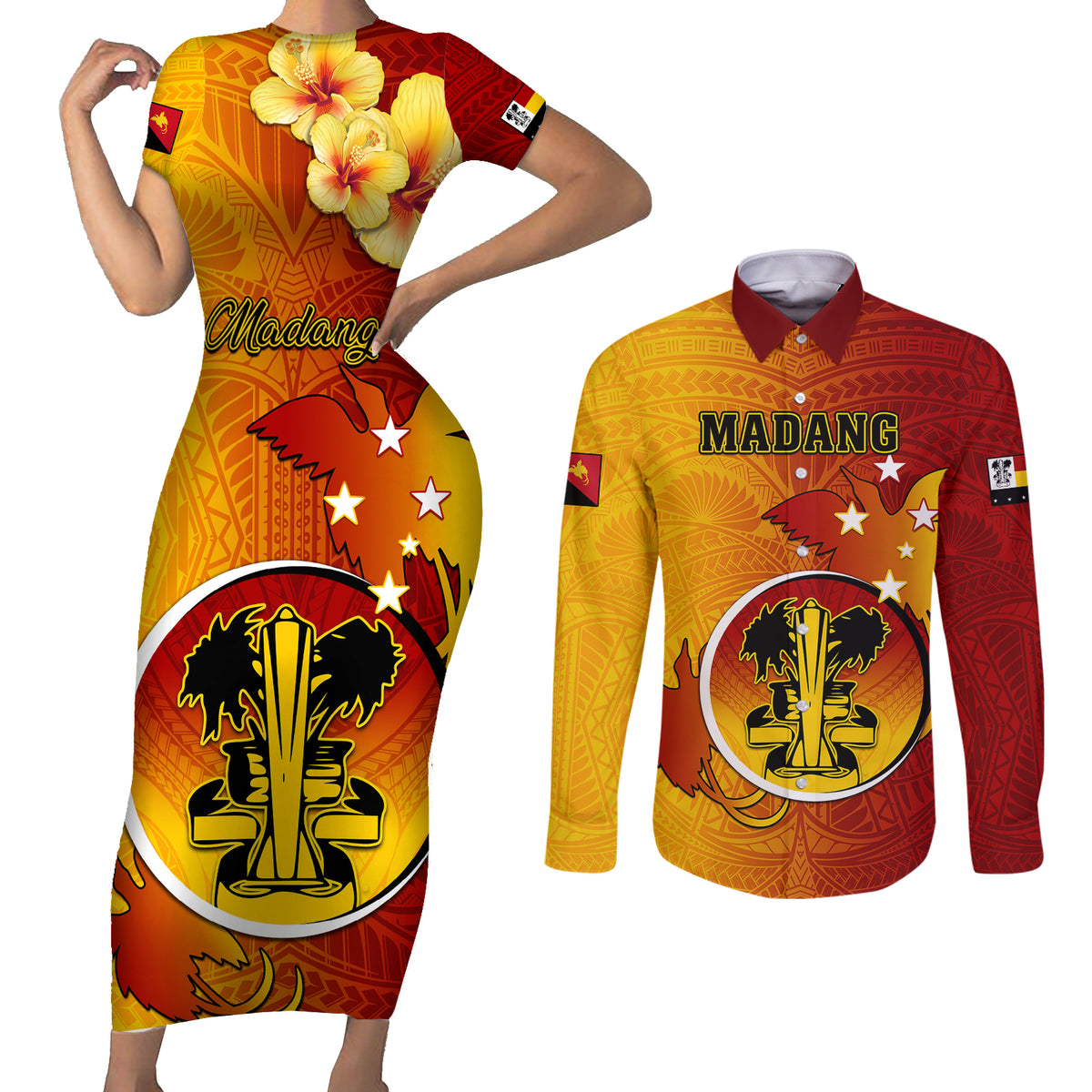 Personalized Papua New Guinea Madang Province Couples Matching Short Sleeve Bodycon Dress and Long Sleeve Button Shirts Mix Coat Of Arms Polynesian Pattern LT05 Yellow - Polynesian Pride