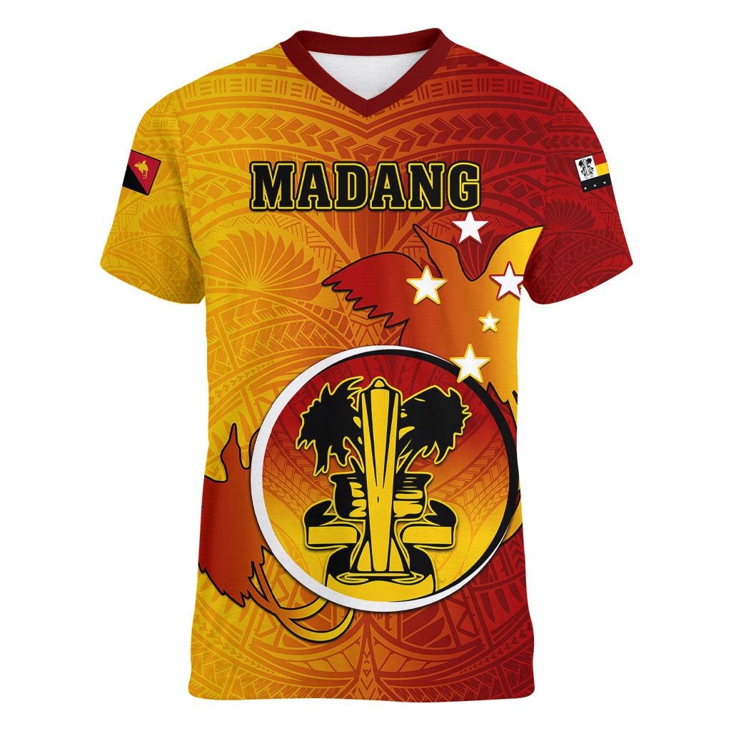 Personalized Papua New Guinea Madang Province Women V Neck T Shirt Mix Coat Of Arms Polynesian Pattern LT05 Female Yellow - Polynesian Pride