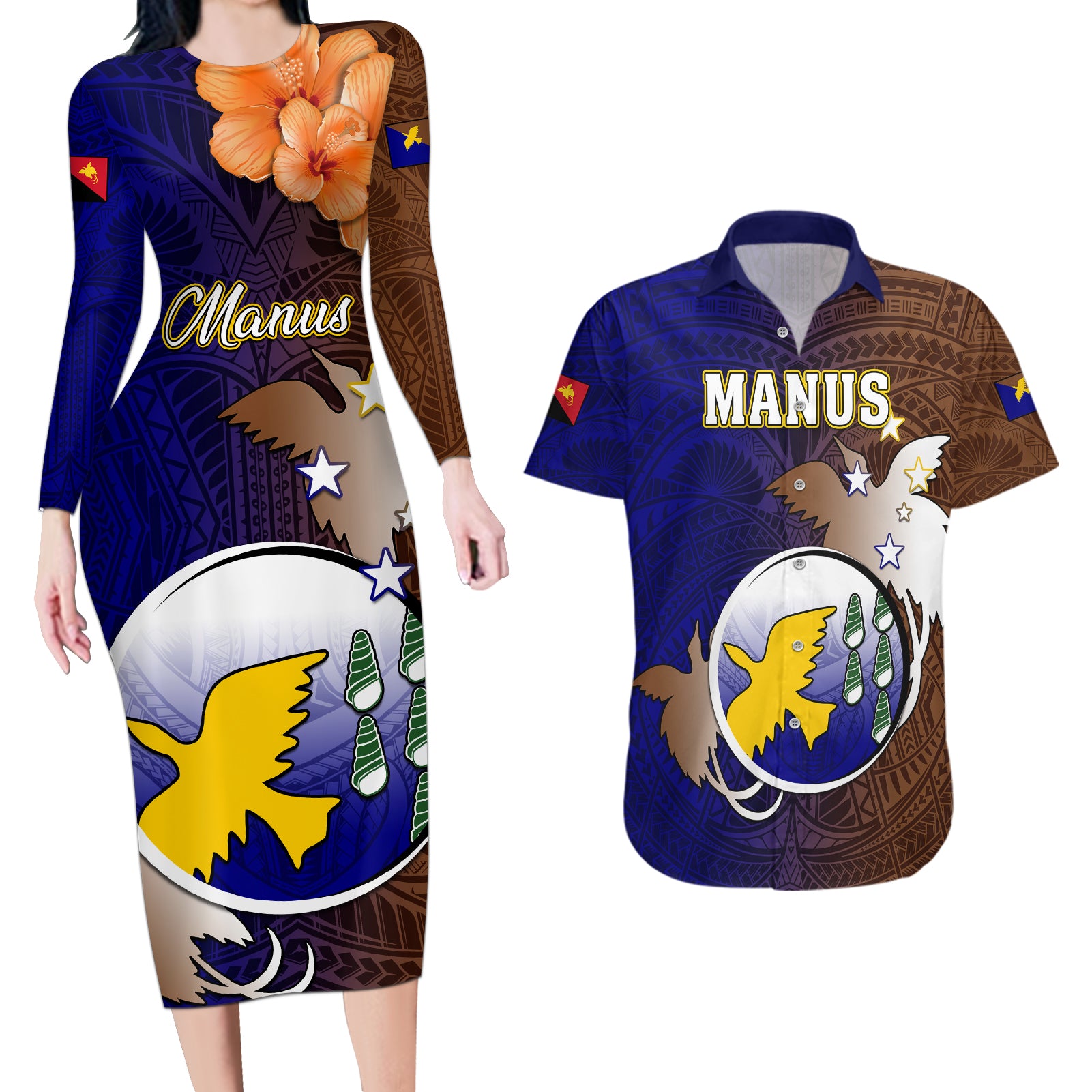 Papua New Guinea Manus Province Couples Matching Long Sleeve Bodycon Dress and Hawaiian Shirt Mix Coat Of Arms Polynesian Pattern LT05 Brown - Polynesian Pride